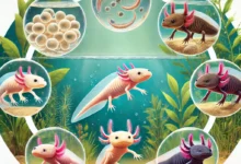 An educational and artistic illustration of the axolotl life cycle. The image shows five distinct stages in a circular layout_ eggs in a clear pond, n