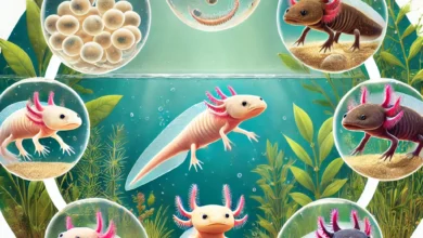 An educational and artistic illustration of the axolotl life cycle. The image shows five distinct stages in a circular layout_ eggs in a clear pond, n