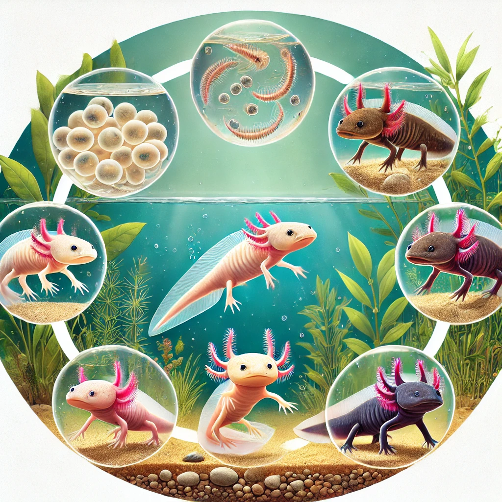  An educational and artistic illustration of the axolotl life cycle. The image shows five distinct stages in a circular layout_ eggs in a clear pond, n